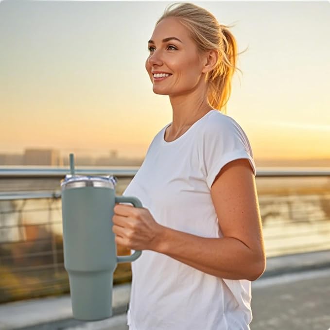 40 oz Tumbler with Handle and Straw Lid,Insulated Reusable Stainless Steel Water Bottle Travel Mug，Cupholder Friendly Double Wall Vacuum Sealed Cup (Shale)