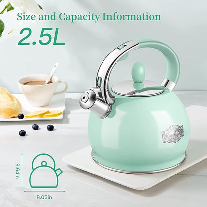 Tea Kettles Stovetop, 2.64 Quart Induction Whistling Tea Kettles Food Grade Stainless Steel Teapots with Cool Touch Handle Mint Green