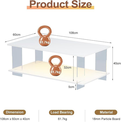43" Acrylic Coffee Table with Wood Top, Minimalist Stylish Modern Rectangular Center Tables for Living Room, Led Living Room Table with Storage Shelf & Acrylic Frame for Small Space
