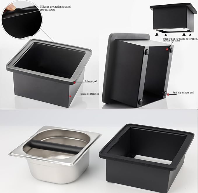 Coffee Knock Box, Stainless Steel Coffee Espresso Knock Box Coffee Grounds Bin with Noise Reduction Rubber Ring, Barista Espresso Machine Accessories