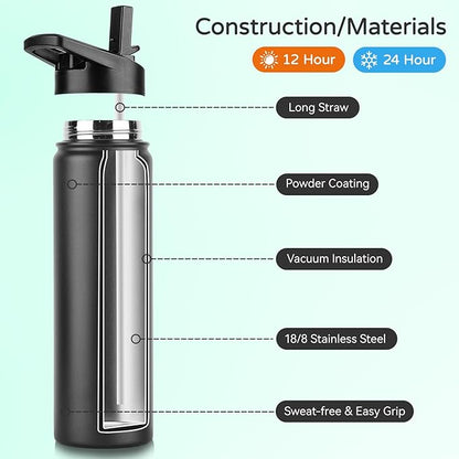 DOMICARE Insulated Water Bottle, 22 oz Vacuum Insulated Stainless Steel Reusable Sports Bottle with Straw Lid & Spout Lid for Travel, Camping, Bike, Leakproof, Black, 4 Pack