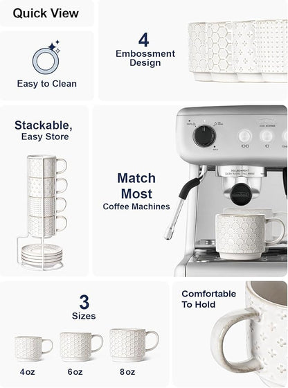 LE TAUCI Stackable Espresso Cups 4 oz with Saucers and Stand, Ceramic Embossment Coffee Cup for Double shot, Lungo, Ristretto, Dishwasher Oven Safe - Set of 4, Arctic white