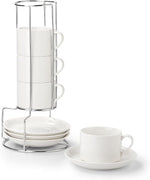 Load image into Gallery viewer, 8 Ounce Porcelain Cappuccino Cups with Saucers and Stainless Steel Stand, Stackable Espresso Cups Set of 4, White Ceramic Coffee Mugs for Home, Office, Cafe or Gift