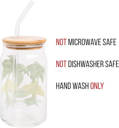 Silver Buffalo Disney Lilo and Stitch Relaxing Chilling in Hammock Island Glass Jar Tumbler with Bamboo Lid and Glass Straw, 16 Ounces