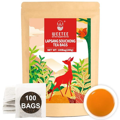 WT WEETEE Lapsang Souchong Tea Bags, 100 Count Smoky Black Tea, Natural Caffeine & Antioxidant, Classic Specialty Chinese Tea, Resealable Kraft Bag | Brew Hot or Iced