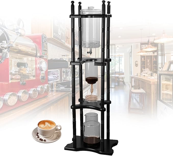 LYNICESHOP Cold Brew Coffee Maker, 2L/67.63oz Glass Dutch Coffee Dripper Ice Drip Coffee Tower Cold Brew Tower Coffee Maker Portable Household Ice Drip Coffee Pot With Pine Wood & Handmade Glass
