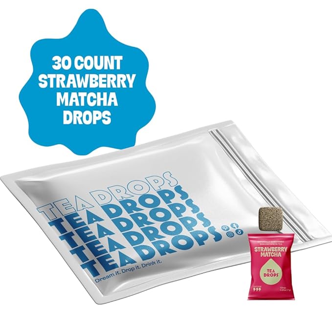 Tea Drops 30 Bulk Pack Organic Strawberry Matcha Bagless Tea - Loose Leaf, Lightly Sweetened, On-The-Go. Plastic-Free - Iced or Hot