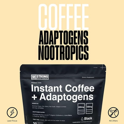 STRONG COFFEE COMPANY Organic Instant Black Coffee - Individual Servings, Extreme Focus, Adaptogen Coffee, No Jitters, No Crash (1, 30 Packets)