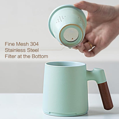 ZENS Tea Cup with Infuser and Lid for Loose Leaf Steeping, 16.9oz Embossed Ceramic Tea Infuser Mug, Wood Handle Tea Diffuser, Great Gift