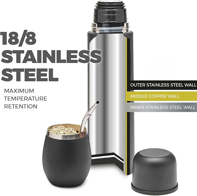 BALIBETOV Complete Yerba Mate Set - Modern Mate Gourd, Thermal Flask, Bombilla and Cleaning Brush Included - All Premium Quality 304 18/8 Stainless Steel (Full Black)