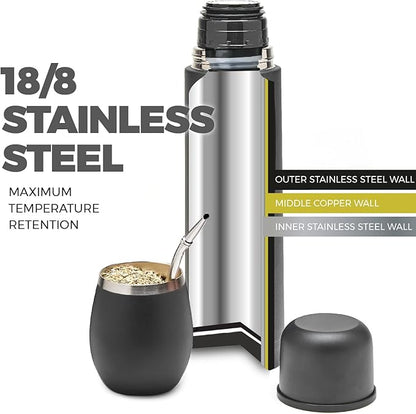 BALIBETOV Complete Yerba Mate Set - Modern Mate Gourd, Thermal Flask, Bombilla and Cleaning Brush Included - All Premium Quality 304 18/8 Stainless Steel (Full Black)