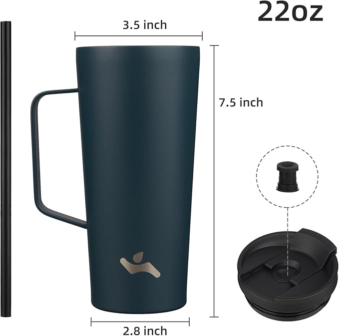 Insulated Tumbler with Handle and Straw, 22 OZ Travel Coffee Mug Stainless Steel Cup Metal Water Bottle,Navy Blue