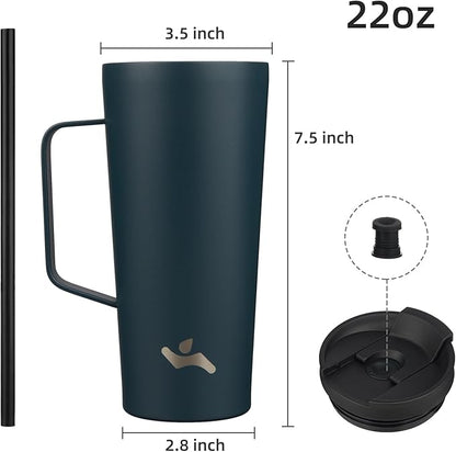 Insulated Tumbler with Handle and Straw, 22 OZ Travel Coffee Mug Stainless Steel Cup Metal Water Bottle,Navy Blue