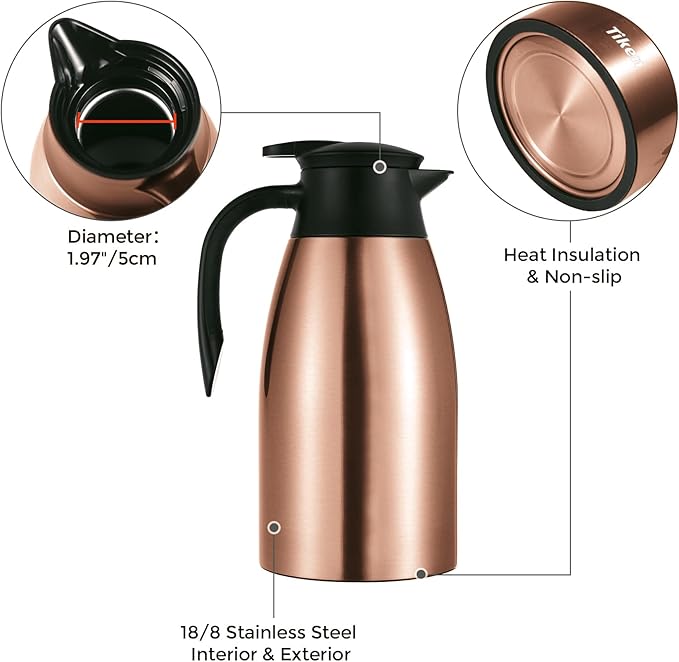 Tiken 68 Oz Thermal Coffee Carafe, Stainless Steel Insulated Vacuum Coffee Carafes For Keeping Hot, 2 Liter Beverage Dispenser (Copper)