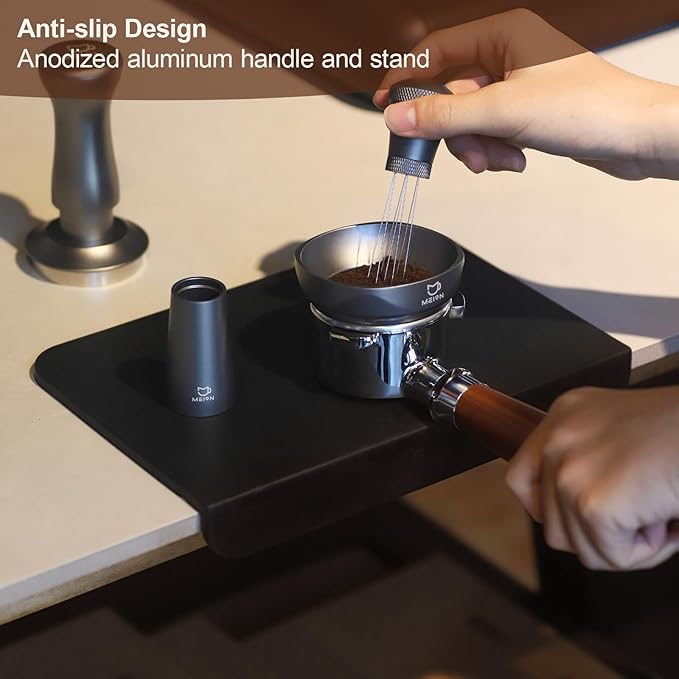 WDT Espresso Distribution Tool Espresso Stirrer Tools for Barista, 0.35mm 7 Needles Espresso Coffee Stirrer with Extra 7 Replaceable Needles, Aluminum Alloy Handle with Stand (Grey)