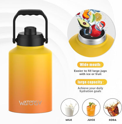 1 Gallon Water Bottle Insulated(Cold for 48 Hrs),BPA Free&Leak Proof,128oz Stainless Steel Water Jug,Big thermo,Large Water Bottle with Handle for Gym,Hiking,Camping&Travel,Gradual Yellow