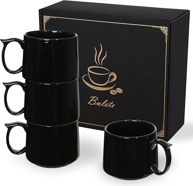 Large Coffee Mugs Set of 4, 19 oz Stackable Ceramic Coffee Mug, Coffee Cups with Large Handle for Latte, Cappuccino, Milk, Tea, Dishwasher & Microwave Safe, Ideal for Men, Women - Black