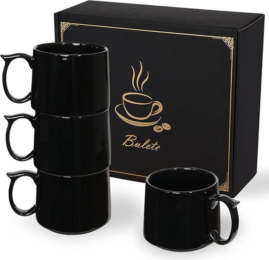 Large Coffee Mugs Set of 4, 19 oz Stackable Ceramic Coffee Mug, Coffee Cups with Large Handle for Latte, Cappuccino, Milk, Tea, Dishwasher & Microwave Safe, Ideal for Men, Women - Black
