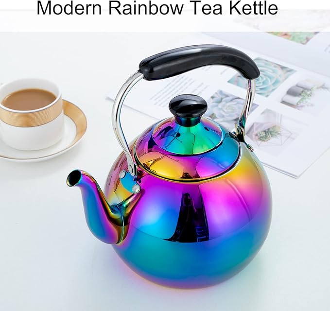 Whistling Tea Kettle for Stovetop Induction Stainless Steel Tea pot Whistle Kettles Gas Stove Top Fast Boiling Water Modern Rainbow Iridescent Color Mirror Finish 2 Quart