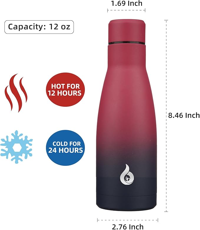 BJPKPK Insulated Water Bottle 12oz Small Stainless Steel Water Bottles Reusable Metal Thermal Keep Cold and Hot,Charming Black Red