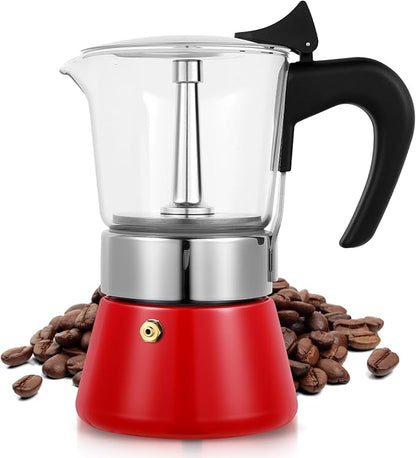 Induction Moka Pot, 6 Cups (10.6 oz) Crystal Glass-Top & Stainless Steel Moka Pot, Classic Stovetop Espresso Maker, Red