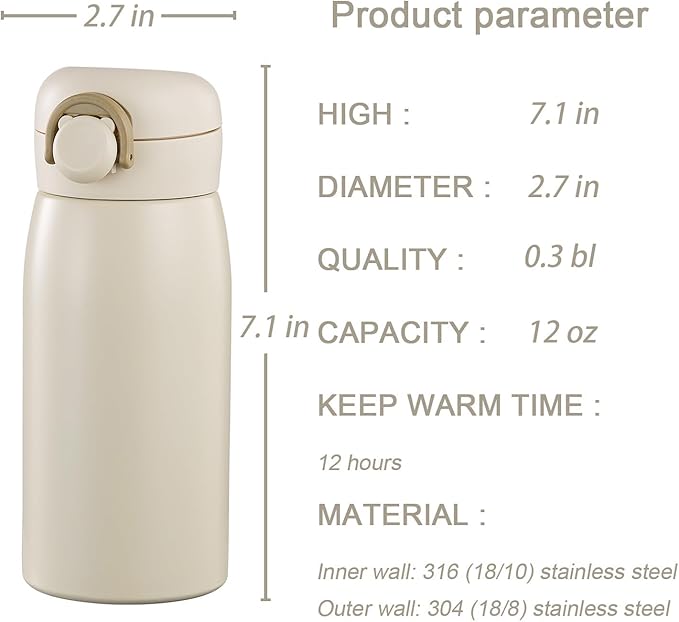 12 oz Mini Water Bottle Small Stainless Steel Thermoses - Insulated Vacuum, Leak Proof, Keeps Drinks Hot/Cold - Ideal for Coffee, beverage, Water - White