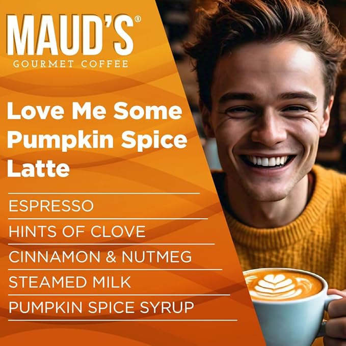 Maud's Pumpkin Spice Latte Flavored Coffee Pods, 18 ct, Medium Roast Flavored Coffee in Recyclable Single Serve Pods – 100% Arabica Beans, Compatible with Keurig K Cups Maker