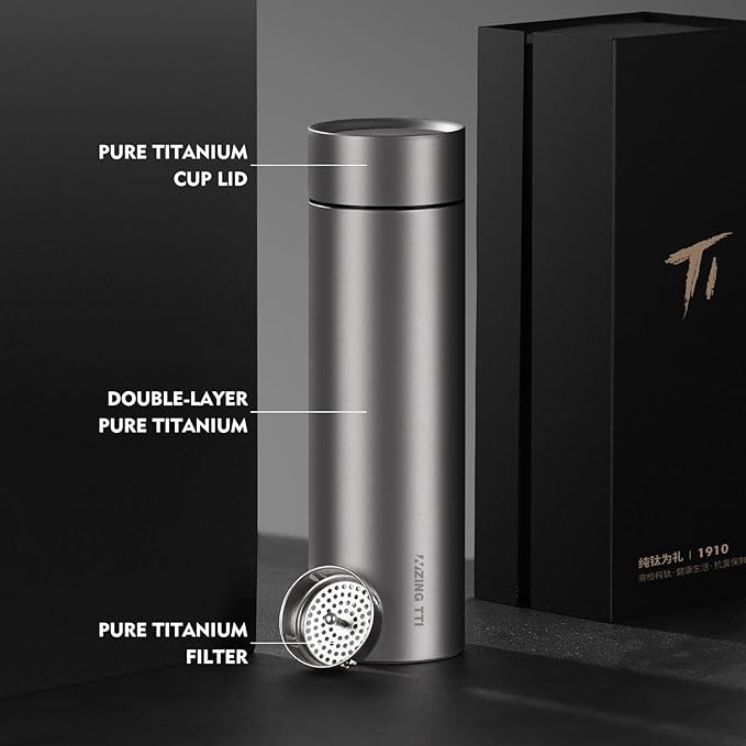 Pure Titanium Water Bottle with Tea Infuser, Double Wall Vacuum Insulated 15oz Titanium Cup for Hot/Cold Drinks, Tea & Coffee, Metal Travel Mug with Gift Box