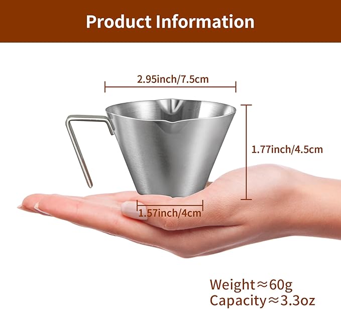 2 Pcs Espresso Cups with Handle, Stainless Steel Espresso Accessories, Double Spout Metal Measuring Cup with Dual Scale, Espresso Shot Cup with V-Shaped Mouth, 3.4OZ/100ML(White)