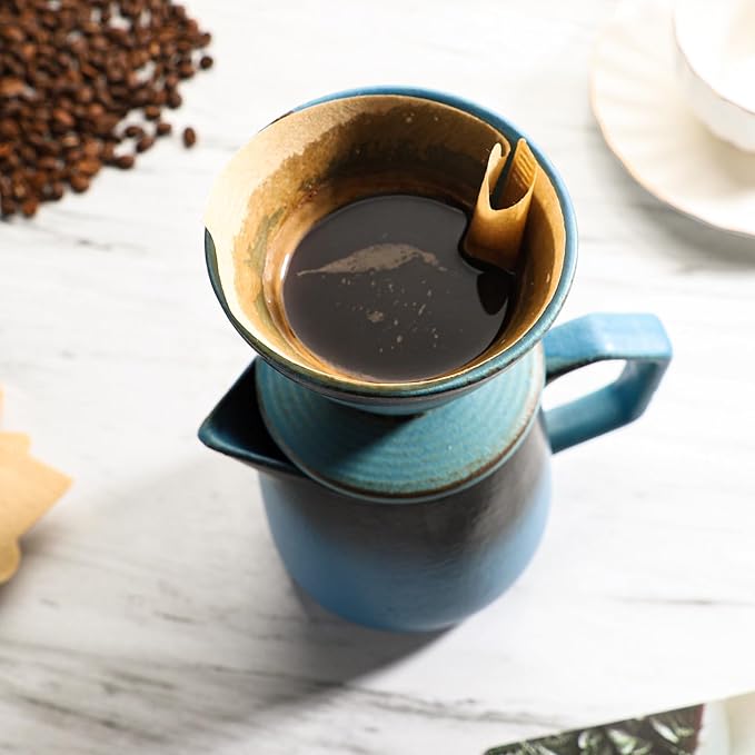 Pour Over Coffee Maker, Blue Ceramic Coffee Dripper 20oz/620ml, with 50 pcs V60 Paper Filter, Drip Coffee Brewer for Home & Café Enthusiasts, Vintage-Style