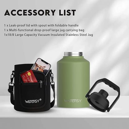 1 Gallon Water Bottle Insulated(Cold for 48 Hrs),BPA Free&Leak Proof,128oz Stainless Steel Water Jug,Big thermo,Large Water Bottle with Handle for Gym,Hiking,Camping&Travel,Olive Green