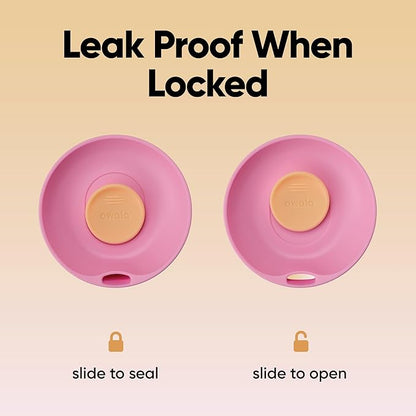 Owala SmoothSip Slider Insulated Stainless Steel Coffee Tumbler, Reusable Iced Coffee Cup, Hot Coffee Travel Mug, BPA Free 12 oz, Pink/Tan (Daybreak)