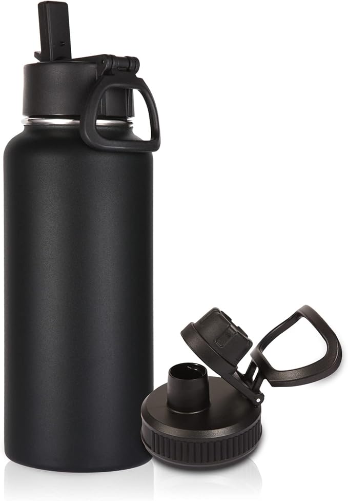 Volhoply 32 oz Insulated Water Bottle with Straw Lid and Spout Lid,Stainless Steel Sports Water Bottle,Double Wall Vacuum Cups,Leakproof Metal Flask with Wide Mouth for Hiking,Camping(Black,1)