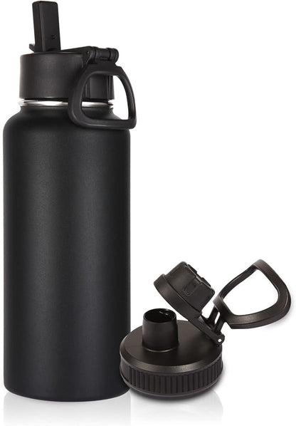 Volhoply 32 oz Insulated Water Bottle with Straw Lid and Spout Lid,Stainless Steel Sports Water Bottle,Double Wall Vacuum Cups,Leakproof Metal Flask with Wide Mouth for Hiking,Camping(Black,1)