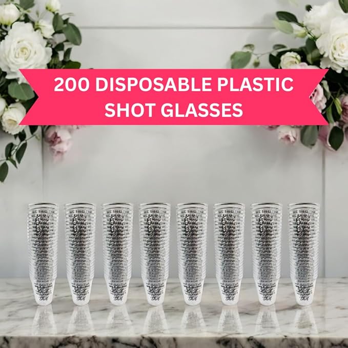Disposable Plastic Wedding Shot Glasses, 200 Pack, 'We Tied the Knot Now Take a Shot' with Ring Design, Perfect for Weddings, Bridal Showers, Engagement Parties
