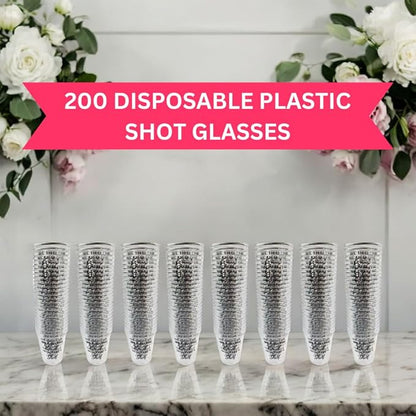 Disposable Plastic Wedding Shot Glasses, 200 Pack, 'We Tied the Knot Now Take a Shot' with Ring Design, Perfect for Weddings, Bridal Showers, Engagement Parties