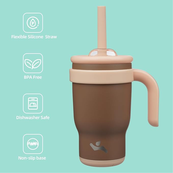 14 oz Tumbler with Side Handle, Insulated Water Bottle with Straw and 2 in 1 Lid, Stainless Steel Cup Travel Coffee Mug for Sports Office Gym,Brown