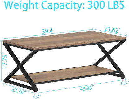 HSH Rustic Farmhouse Coffee Table, Modern Minimalist Wood and Metal Living Room Table, 2 Tie Rectangle Center Table with Storage & Display Shelf, Simple Office Cocktail Tea Table, Rustic Oak, 39 Inch