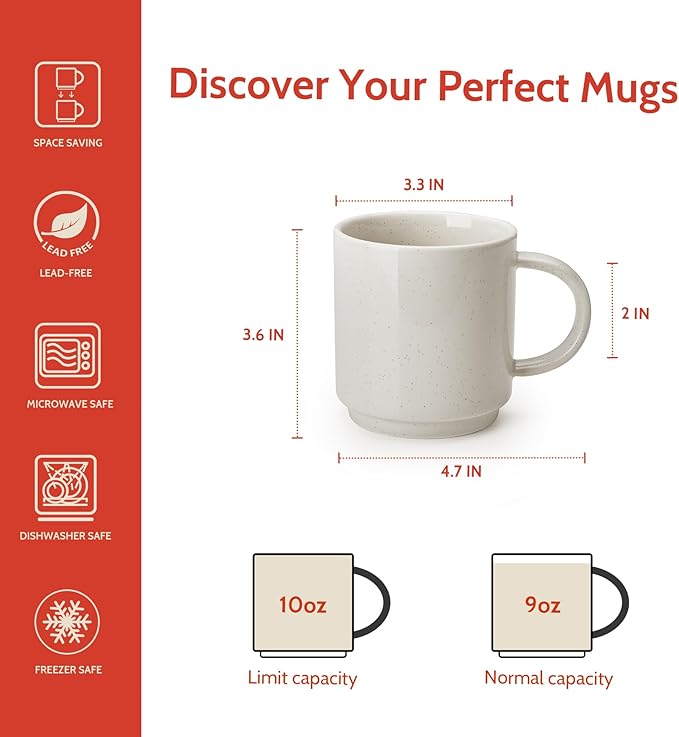 Sweese Stackable Coffee Mugs - 10 Oz Porcelain Cups for Specialty Coffee Drinks, Cappuccino, Cafe Mocha, Latte and tea, Set of 4, White Grey