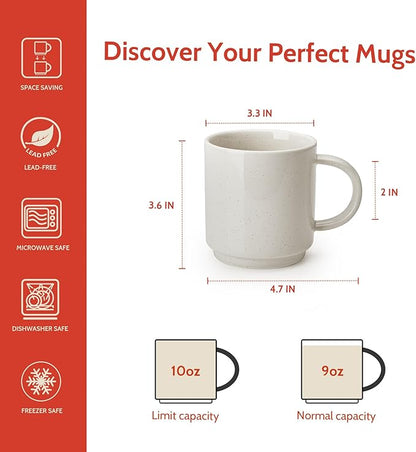 Sweese Stackable Coffee Mugs - 10 Oz Porcelain Cups for Specialty Coffee Drinks, Cappuccino, Cafe Mocha, Latte and tea, Set of 4, White Grey