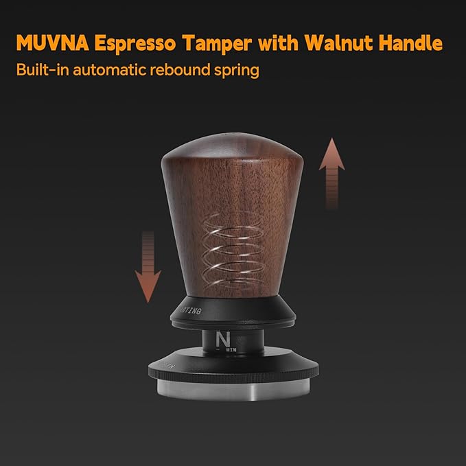 58.35mm Espresso Tamper, Spring Loaded Coffee Tamper with Ripple Base, Self-Leveling Barista Tool, Walnut Handle, Fits Breville 58mm Portafilter Baskets, Home Barista Accessories