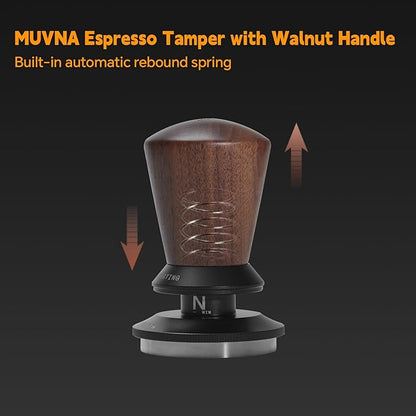 58.35mm Espresso Tamper, Spring Loaded Coffee Tamper with Ripple Base, Self-Leveling Barista Tool, Walnut Handle, Fits Breville 58mm Portafilter Baskets, Home Barista Accessories