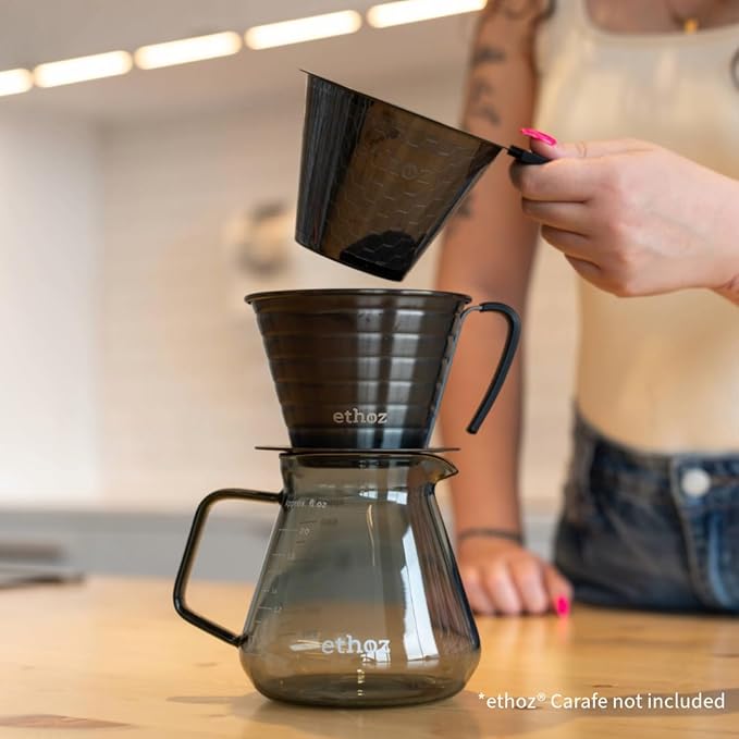 Ethoz® Pour Over Coffee Maker – Sustainable Stainless Steel Pour Over with Built-In Reusable Filter, Flat/Convex Bottom for Even Extraction, Eco-Friendly Design, Precision Anywhere Brewing