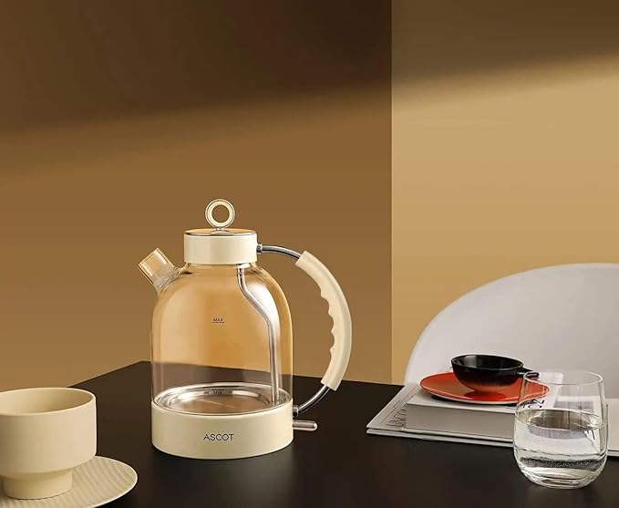 ASCOT Electric Kettle, Glass Electric Tea Kettle Gifts for Men/Women/Family 1.5L 1500W Borosilicate Glass Tea Heater, with Auto Shut-Off and Boil-Dry Protection (Beige)