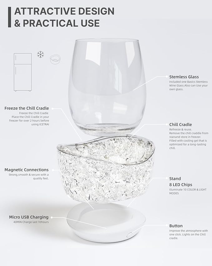 Wine Chiller for Glass Stemless Wine Glass Chiller Keeps Your Glasses of Vino Cold 10 Color Light Modes Separable Wine Essentials Accessories (White)