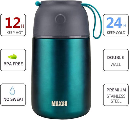 MAXSO 2 Pack Soup Thermo for Hot & Cold Food for Kids Adults, Vacuum Insulated Food Jar Thermal Lunch Containers, Travel Food Flask with Spoon (24 oz,17 oz) (Matte Green)
