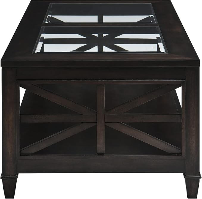 Solid Wood Coffee Table with Tempered Glass Top, Farmhouse Living Room Center Table with 2-tire Storage Shelf, Traditional Cocktail Table, 45.5” x 26” x 19” Easy Assembly, Vintage Walnut KFZ1318DC