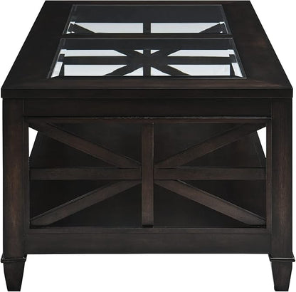 Solid Wood Coffee Table with Tempered Glass Top, Farmhouse Living Room Center Table with 2-tire Storage Shelf, Traditional Cocktail Table, 45.5” x 26” x 19” Easy Assembly, Vintage Walnut KFZ1318DC