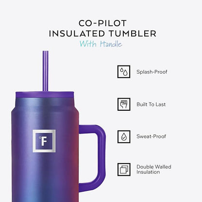 IRON °FLASK Co-Pilot Insulated Mug w/Straw & Flip Cap Lids - Cup Holder Bottle for Hot, Cold Drink - Leak-Proof - Water, Coffee Portable Travel Mug - Dark Pine, 50 Oz