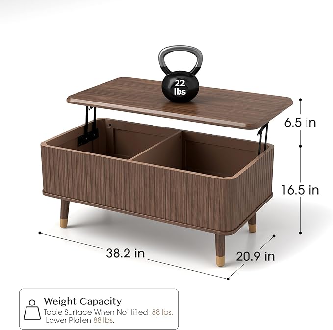 Lift Top Coffee Table with Storage Shelf & Hidden Compartment, Mid Century Modern Fluted Rectangle Dining Table for Living Room, Home Office, Walnut
